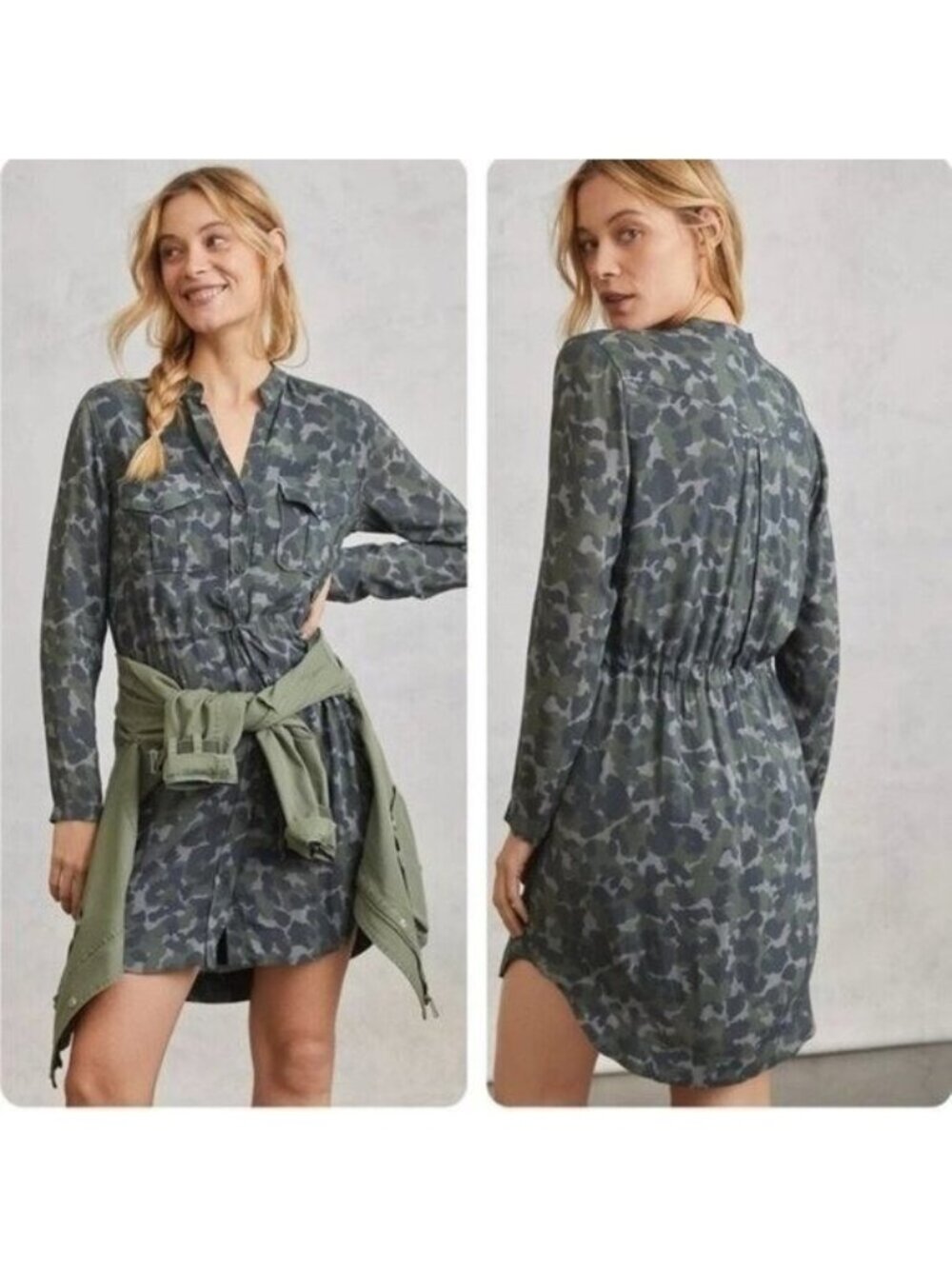 Anthropologie Cloth & Stone Nina Camo Mini Shirtdress Green Size Small Sz Small